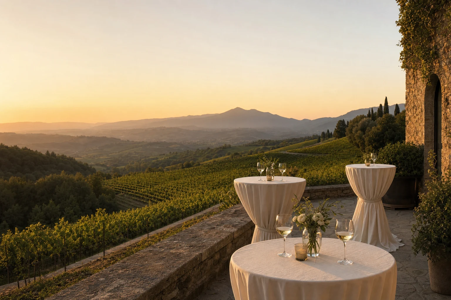 Illustrative vineyard terrace prepared for an evening gathering